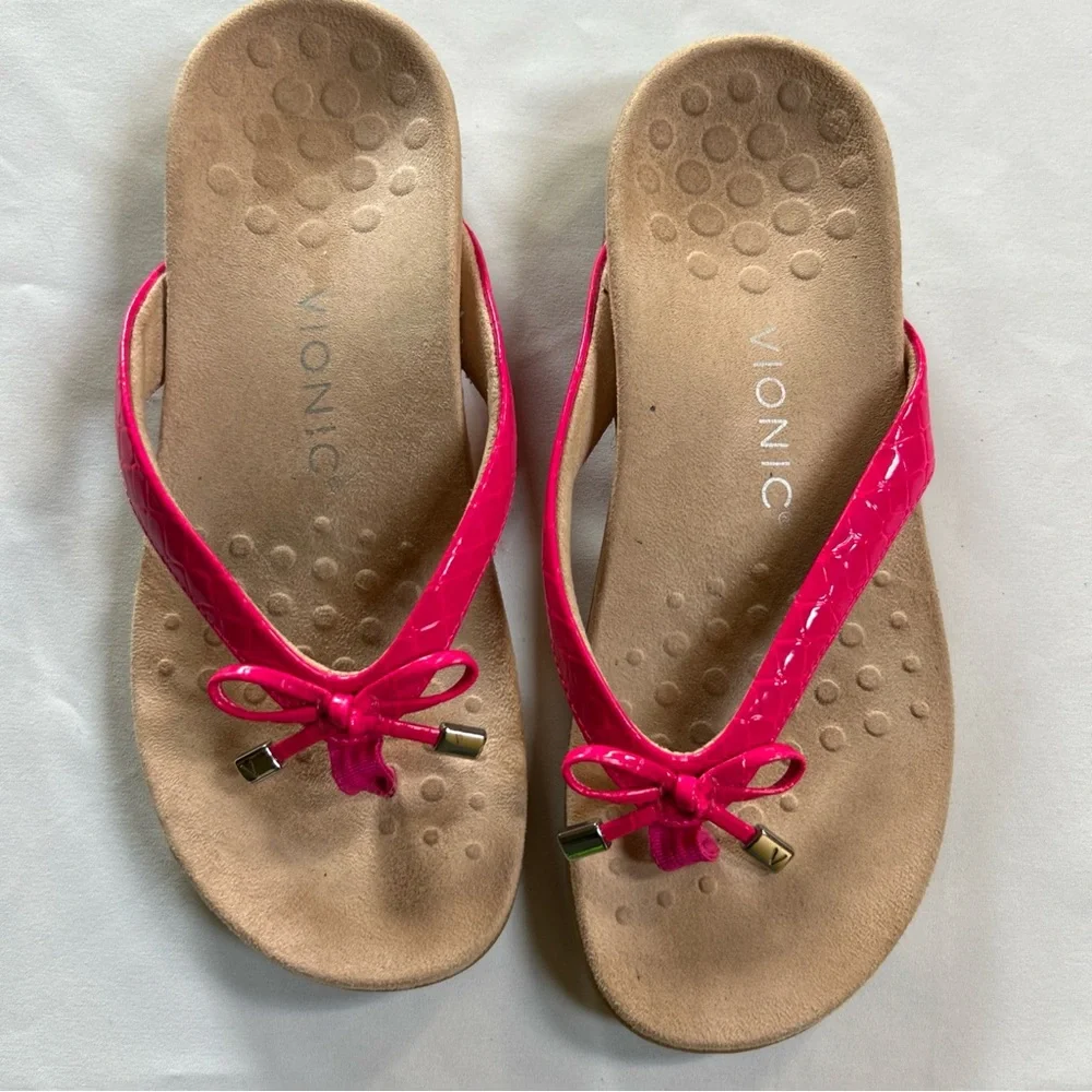 Vionic Bella Bright Pink Orthotic Flip Flops with Bows Sz 6.5-VGUC - Picture 1 of 5
